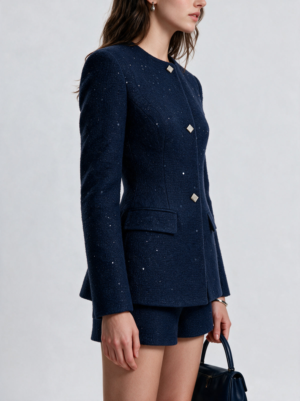 Valeria Textured Blazer Co-Ord Set - Navy Blue — model side detail