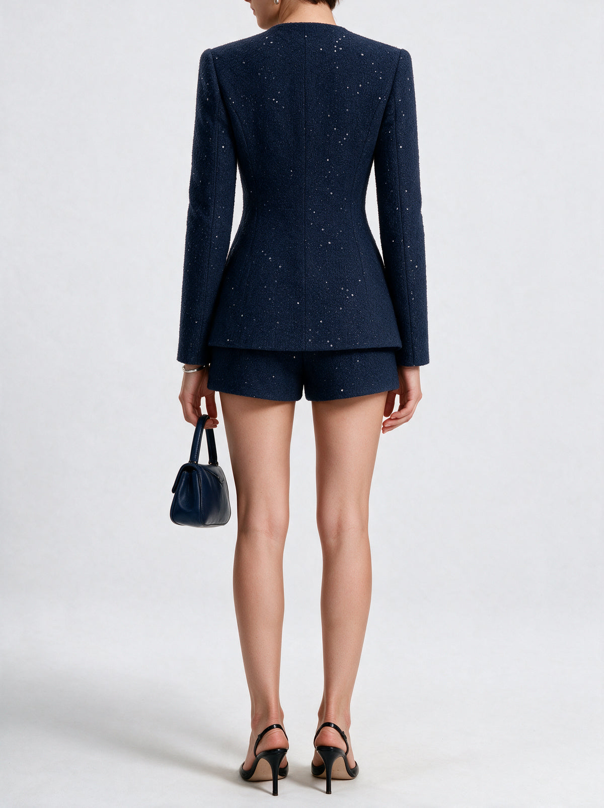 Valeria Textured Blazer Co-Ord Set - Navy Blue — model back view