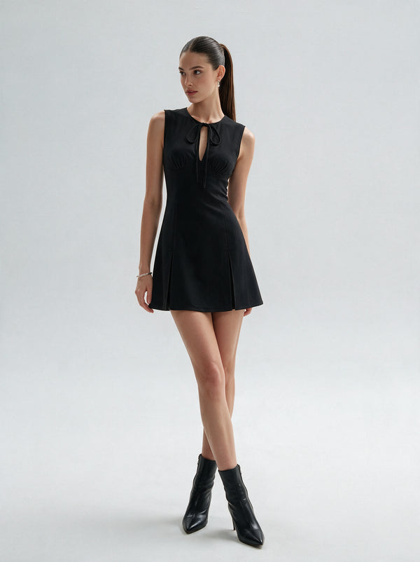 Valeria Tie Front Keyhole Mini Dress - Black — model full body