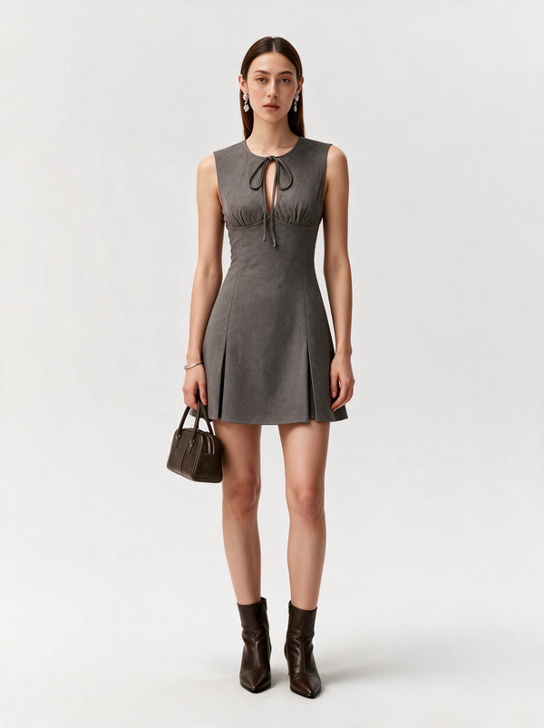 Valeria Tie Front Keyhole Mini Dress - Grey — model full body