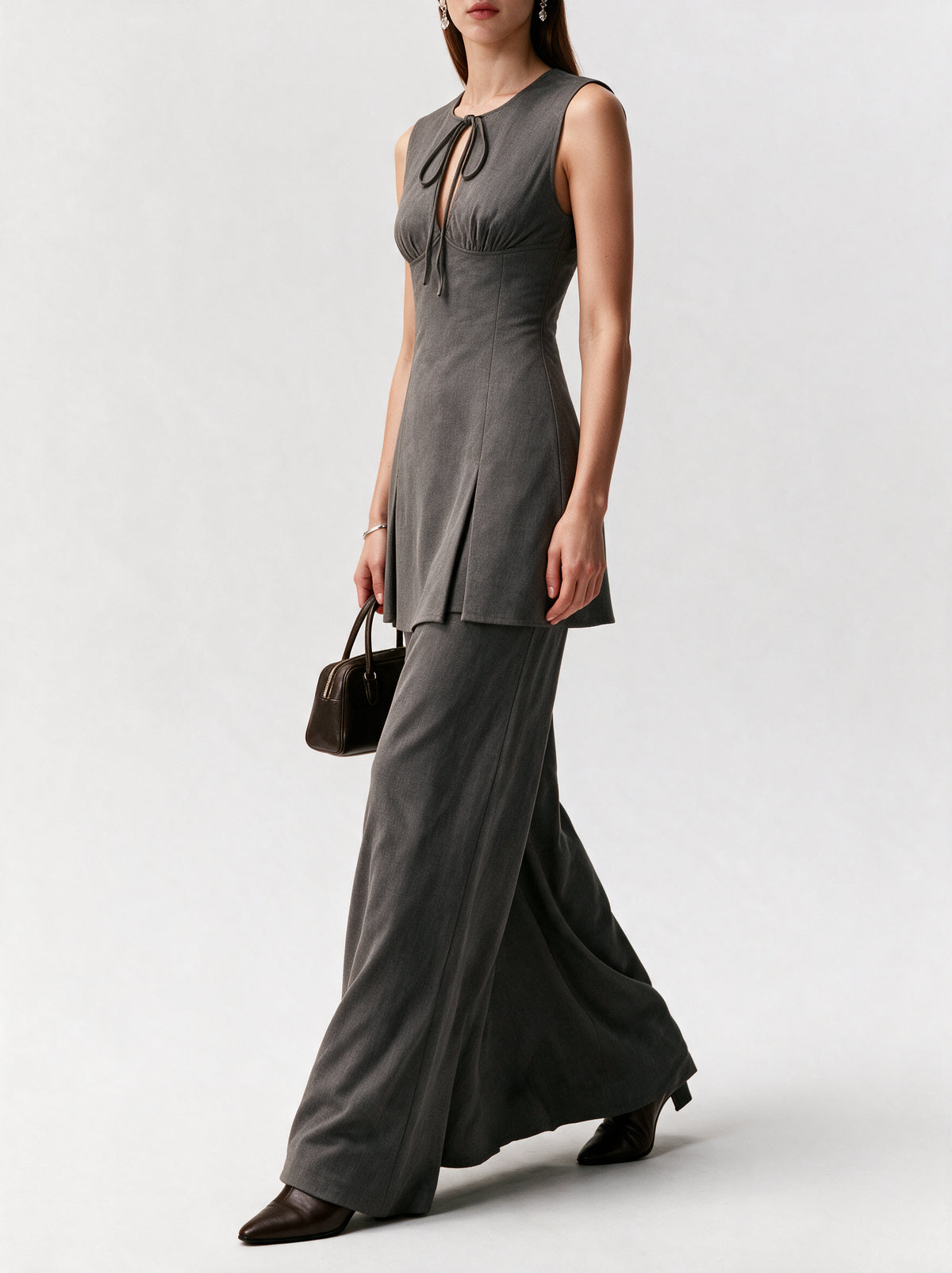 Valeria Tie Front Keyhole Mini Dress - Grey — model side detail