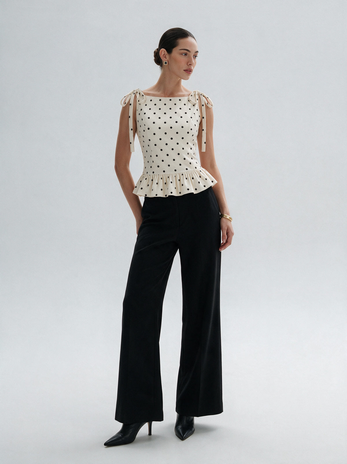 Valeria Tie-Strap Polka Dot Ruffle Top — model full body