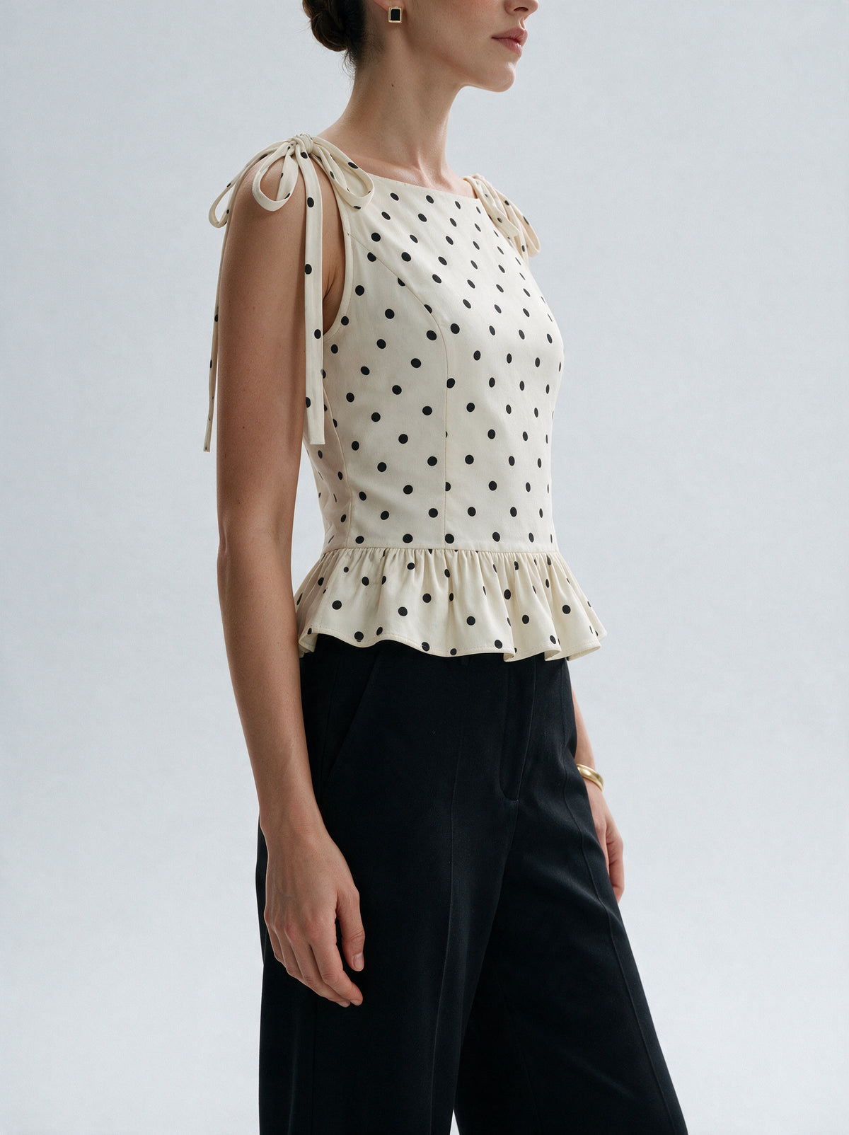Valeria Tie-Strap Polka Dot Ruffle Top — model side detail