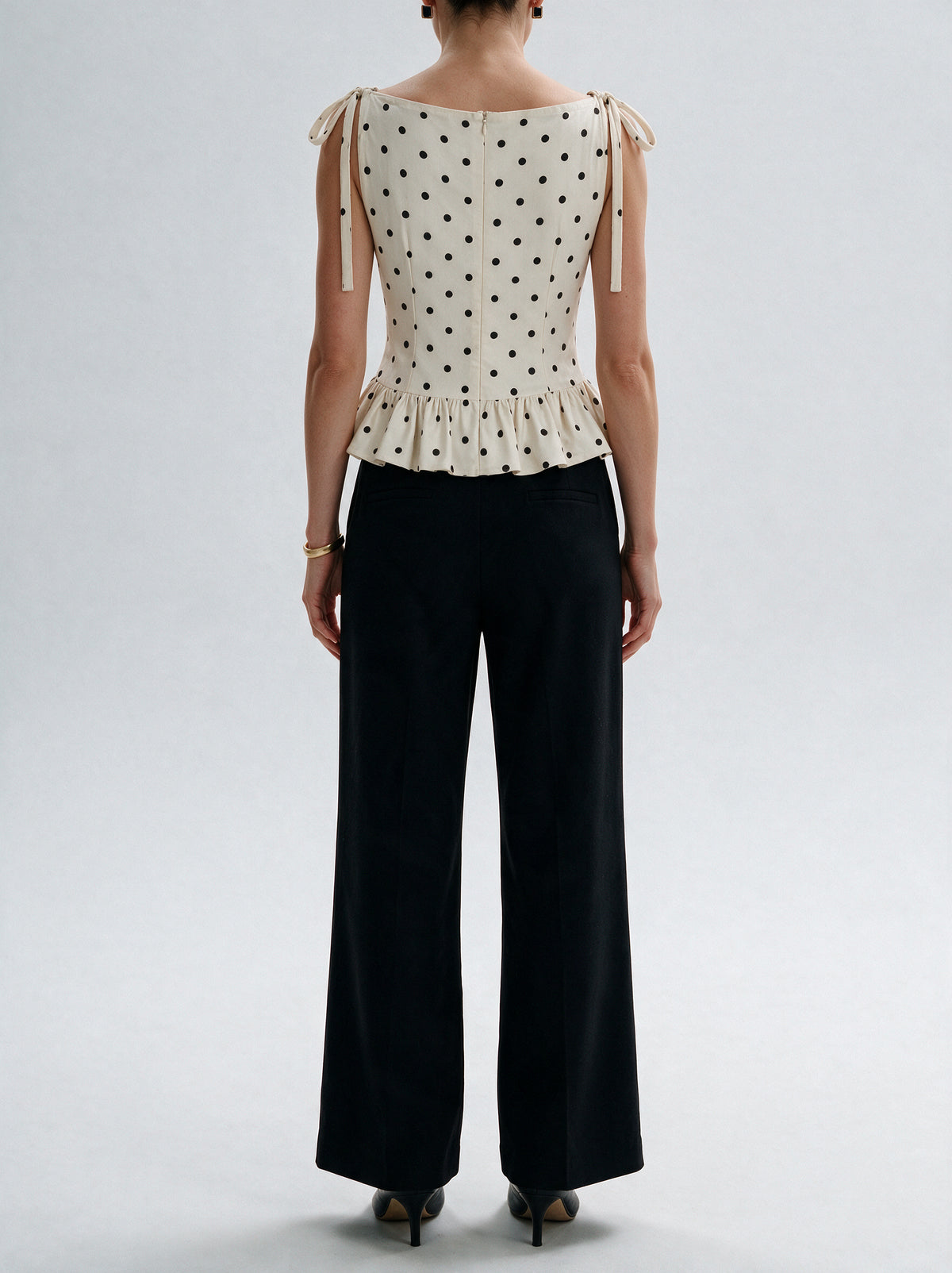 Valeria Tie-Strap Polka Dot Ruffle Top — model back view