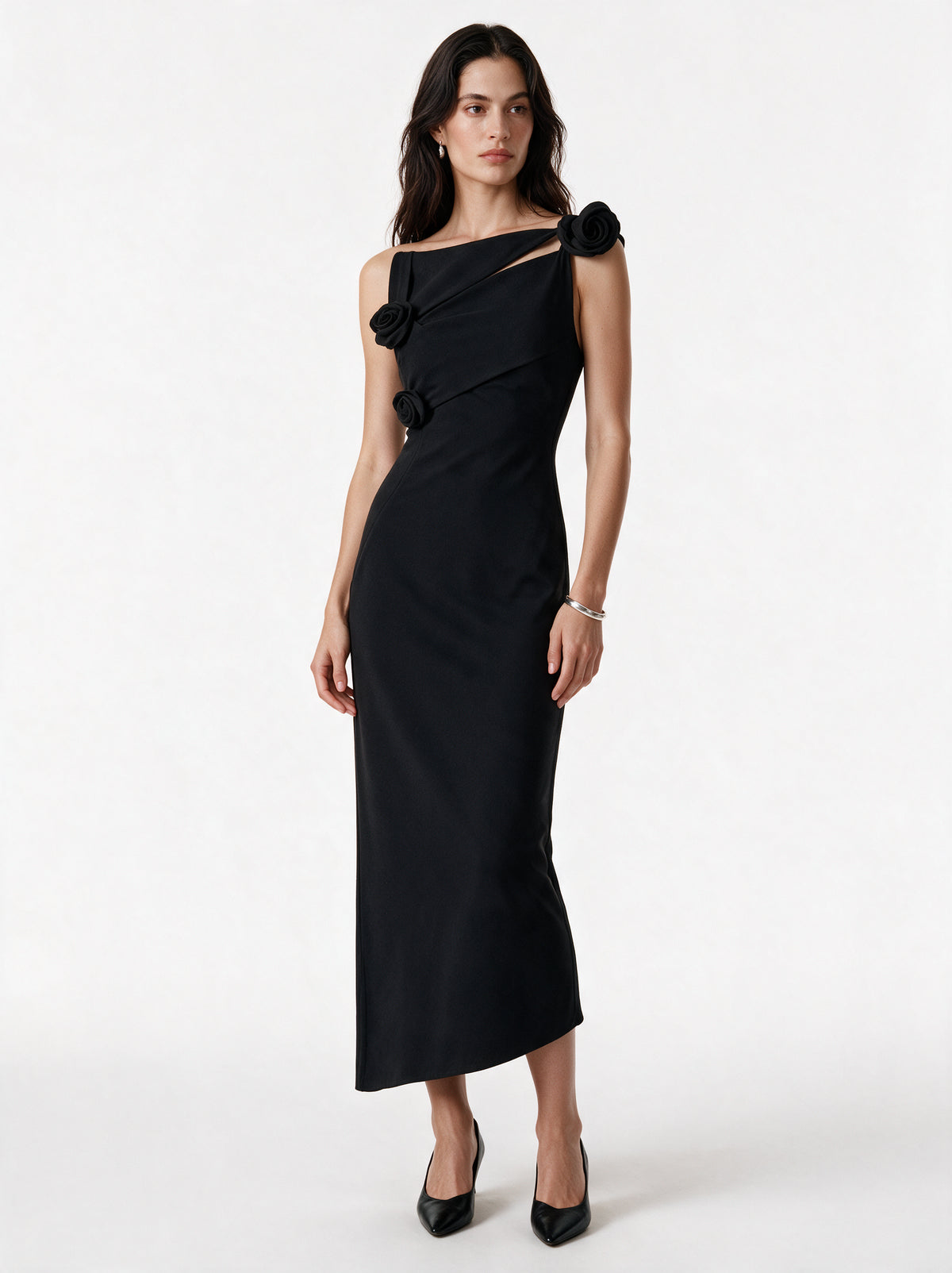 Valeria Twisted Foldover Midi Dress - Black — model full body