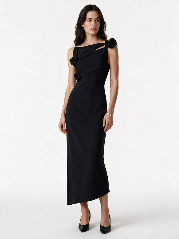 Valeria Twisted Foldover Midi Dress - Black — model full body