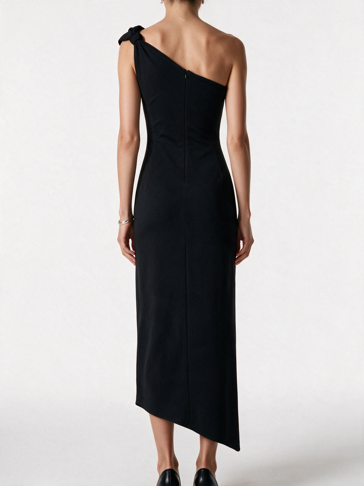 Valeria Twisted Foldover Midi Dress - Black — model back view