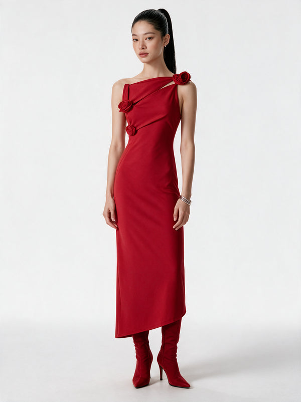 Valeria Twisted Foldover Midi Dress - Scarlet red — model full body
