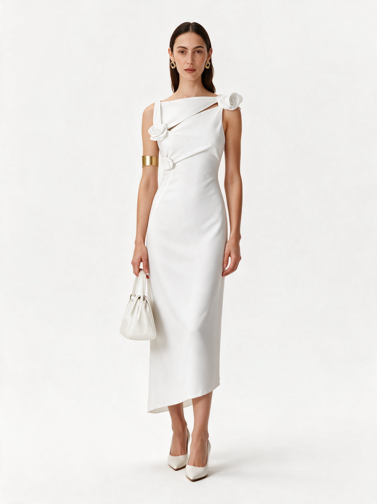 Valeria Twisted Foldover Midi Dress - White — model full body