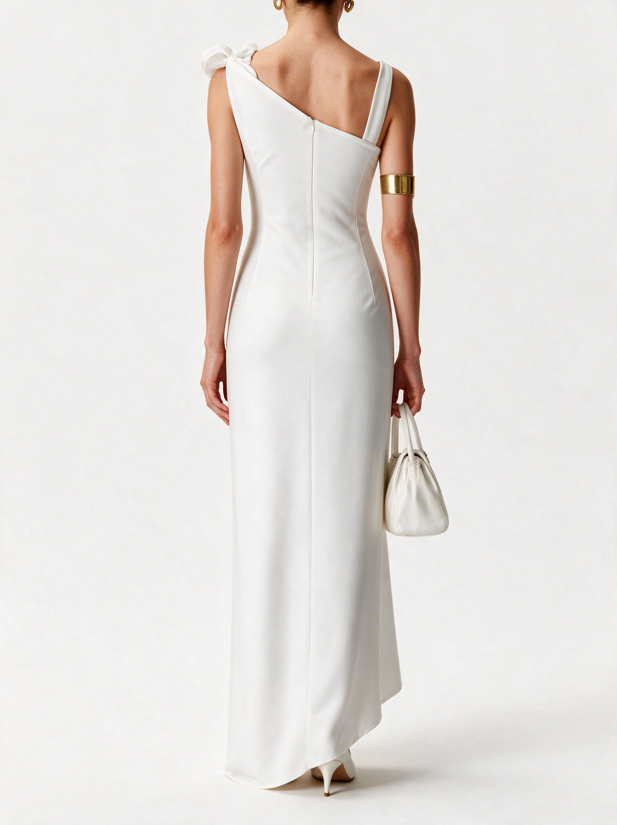 Valeria Twisted Foldover Midi Dress - White — model back view