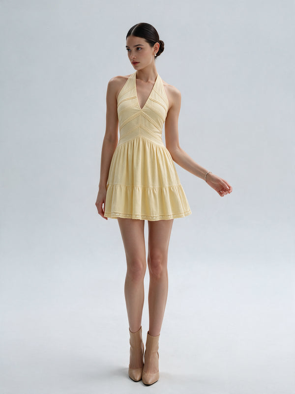 Valeria Twisted Halter Mini Dress - Butter Yellow — model full body