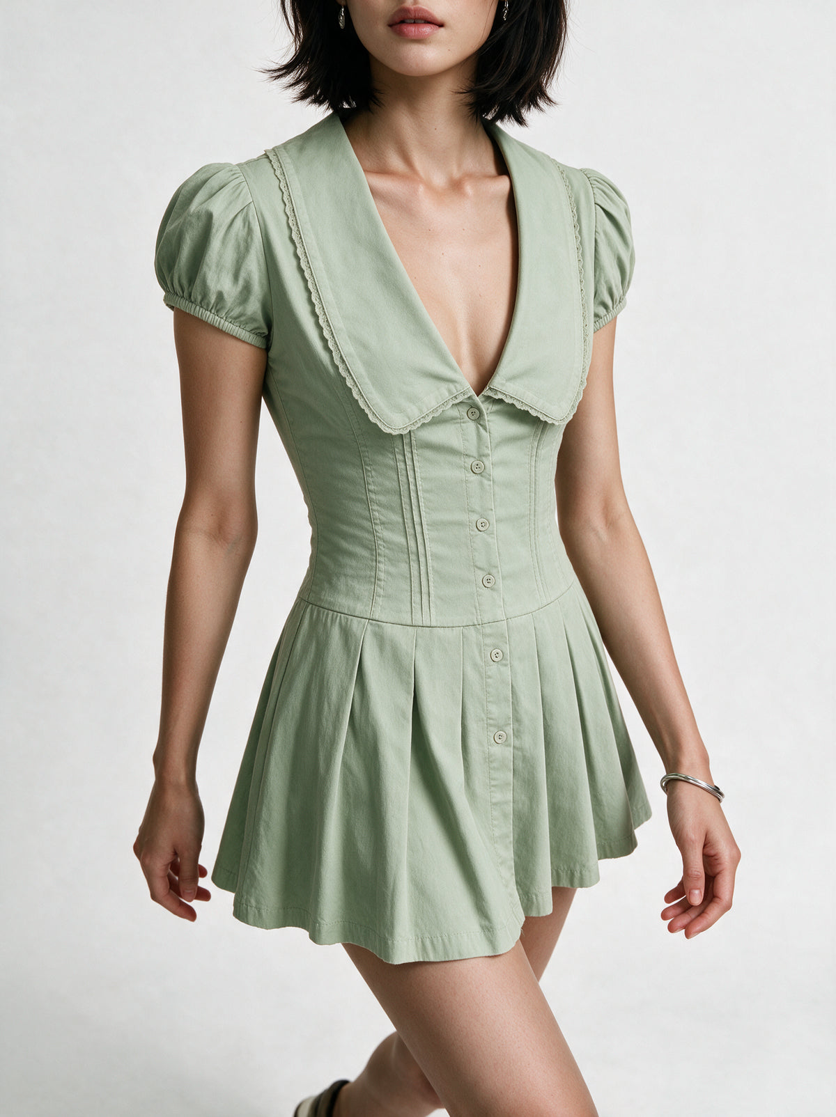Valeria Vintage Collar Mini Dress - Sage — model side detail