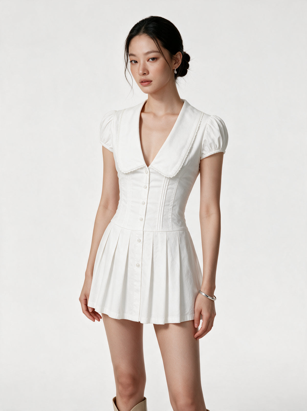 Valeria Vintage Collar Mini Dress - White — model full body