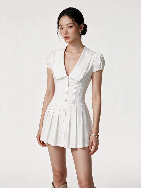 Valeria Vintage Collar Mini Dress - White — model full body