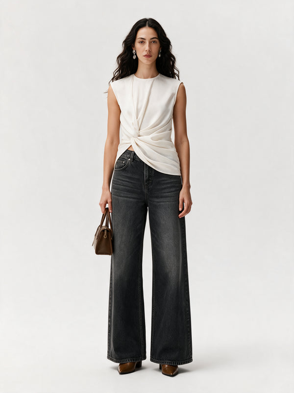 Valeria Vintage Wash Wide-Leg Jeans - Washed Black — model full body